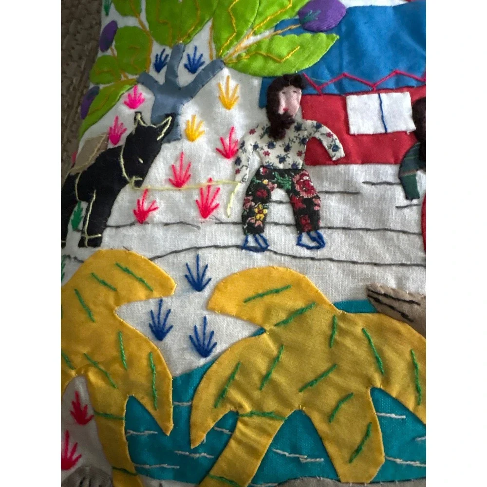Handmade Arpillera Folk Art‎ Pillow Cover Embroidered 3D Village Scene Colorful